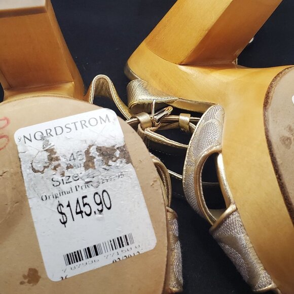 Coach Carlyn Gold and Wooden Heels w/Ankle Strap SZ 5 - Picture 4 of 7